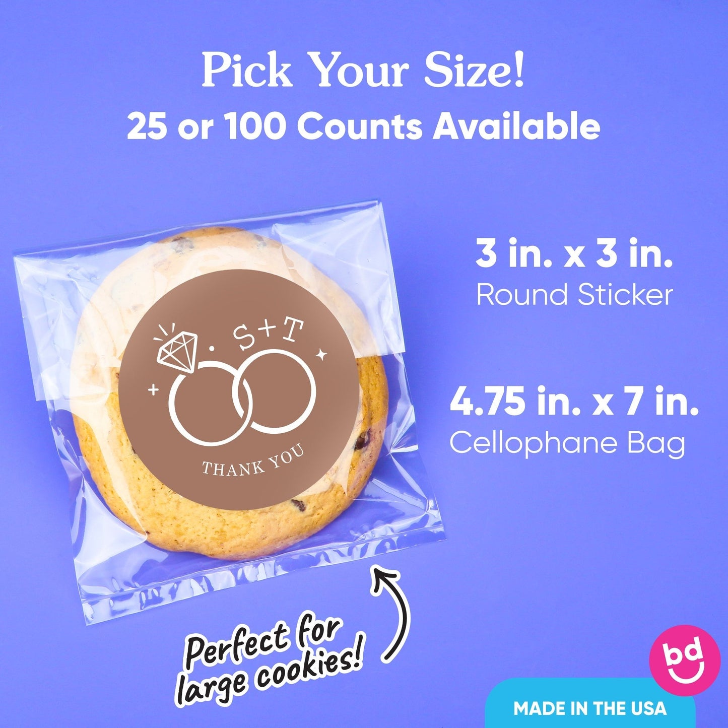 Custom Text Stickers & Clear Cookie Bags - Mocha Brown Wedding Rings