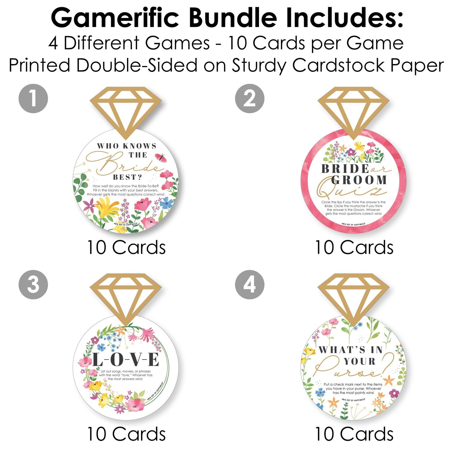 Wildflowers Bride - 4 Boho Floral Bridal Shower Games - 10 Cards Each - Who Knows The Bride Best, Bride or Groom Quiz, What’s in Your Purse and Love - Gamerific Bundle