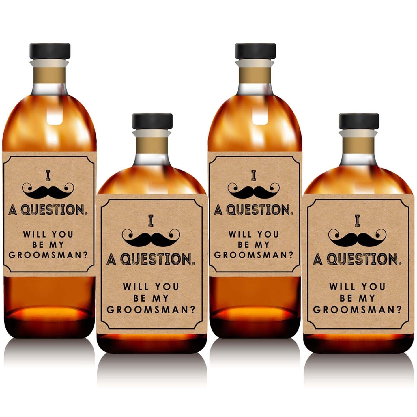 Kraft Mustache - Will You Be My Groomsman? - Gift for Men - Whiskey or Wine Bottle Label Stickers - Set of 4