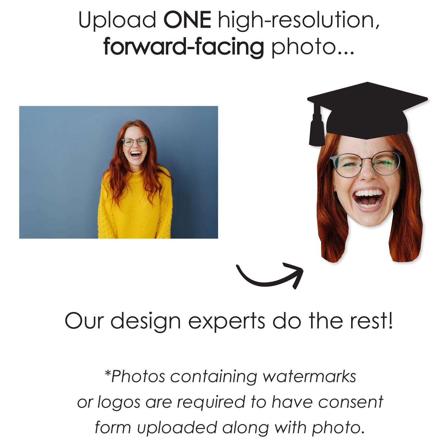 Grad Cap Fun Face Cutout Centerpiece Sticks - Custom Graduation Photo Head Cut Out Table Toppers - Upload 1 Photo - Set of 15