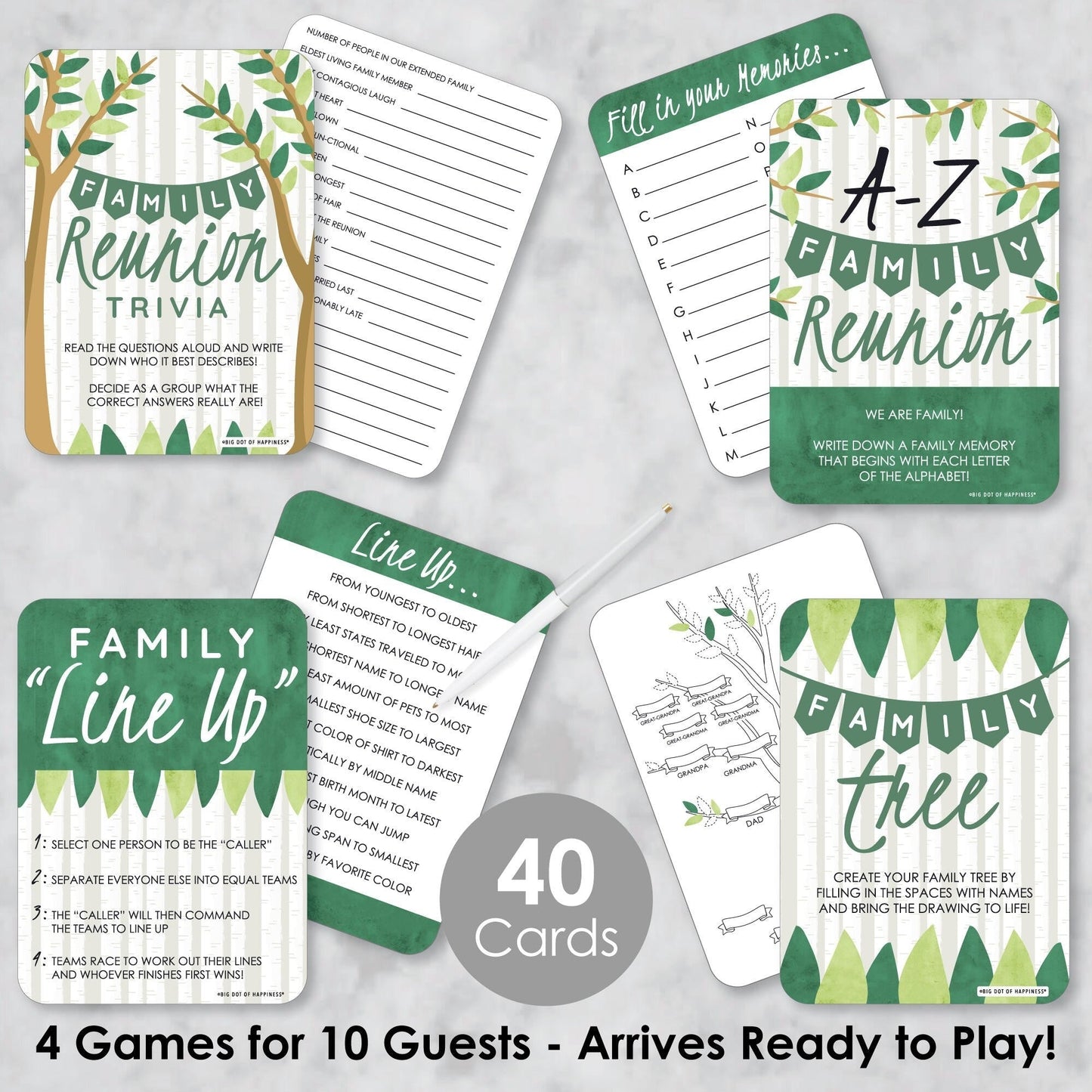 Family Tree Reunion - 4 Family Gathering Party Games - 10 Cards Each - Gamerific Bundle