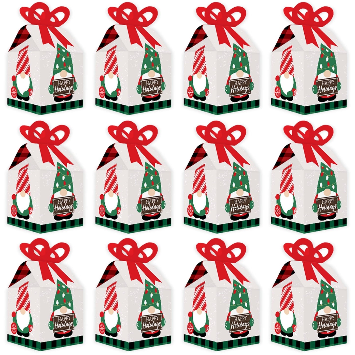 Red and Green Holiday Gnomes - Square Favor Gift Boxes - Christmas Party Bow Boxes - Set of 12