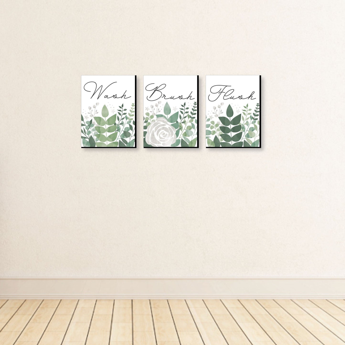 Boho Botanical - Greenery Kids Bathroom Rules Wall Art - 7.5 x 10 inches - Set of 3 Signs - Wash, Brush, Flush