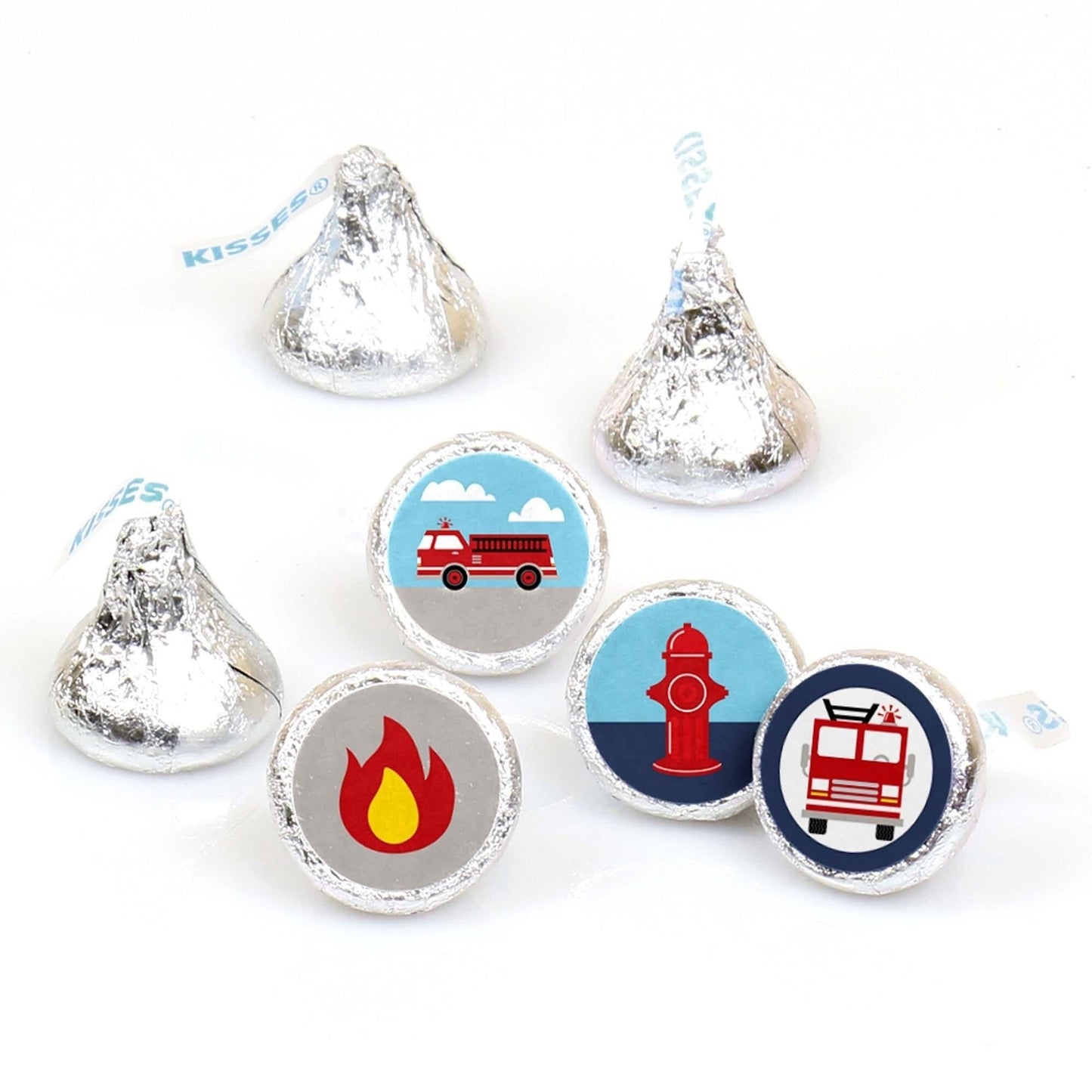 Fired Up Fire Truck - Firefighter Firetruck Baby Shower or Birthday Party Round Candy Sticker Favors - Labels Fit Hershey's Kisses - 108 ct