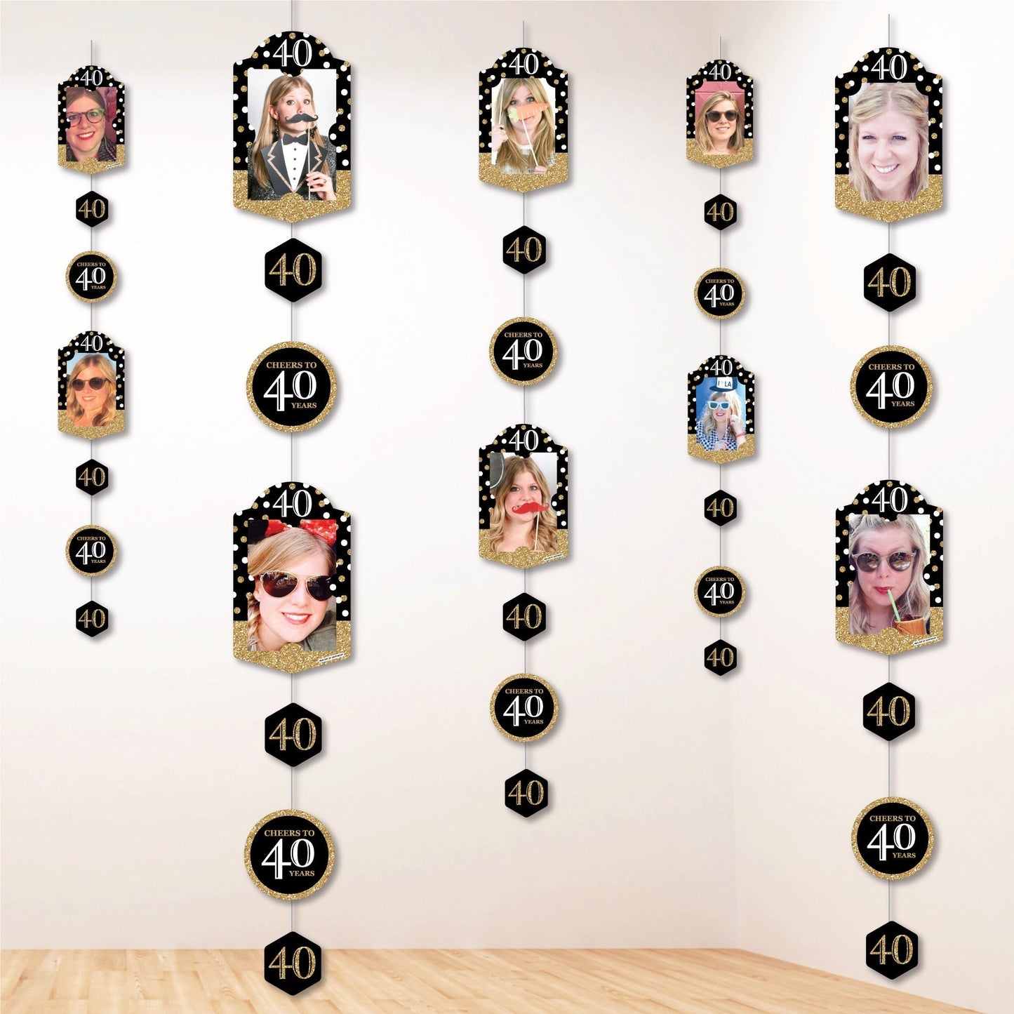 Adult 40th Birthday - Gold - Birthday Party DIY Backdrop Decor - Hanging Vertical Photo Garland - 35 Pieces