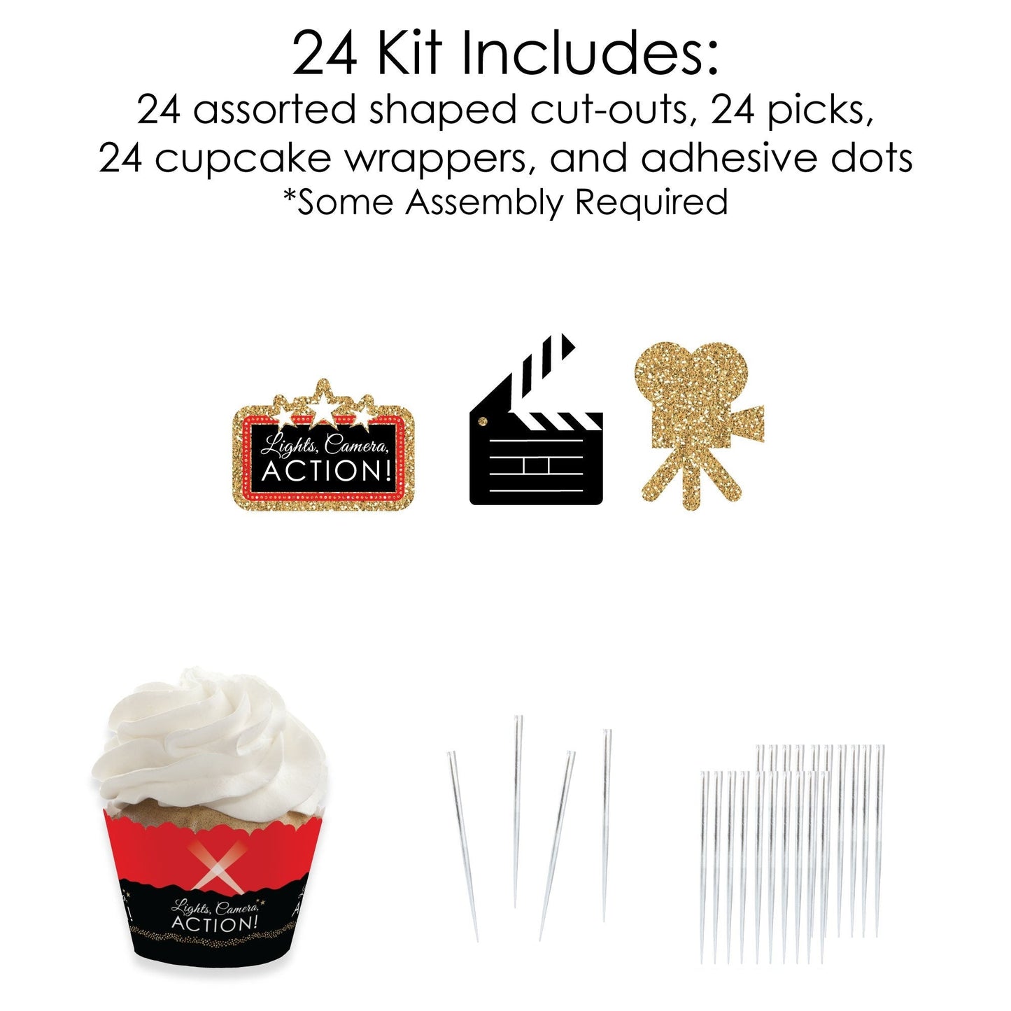 Red Carpet - Cupcake Decoration - Movie Night Party Cupcake Wrappers and Treat Picks Kit - Set of 24