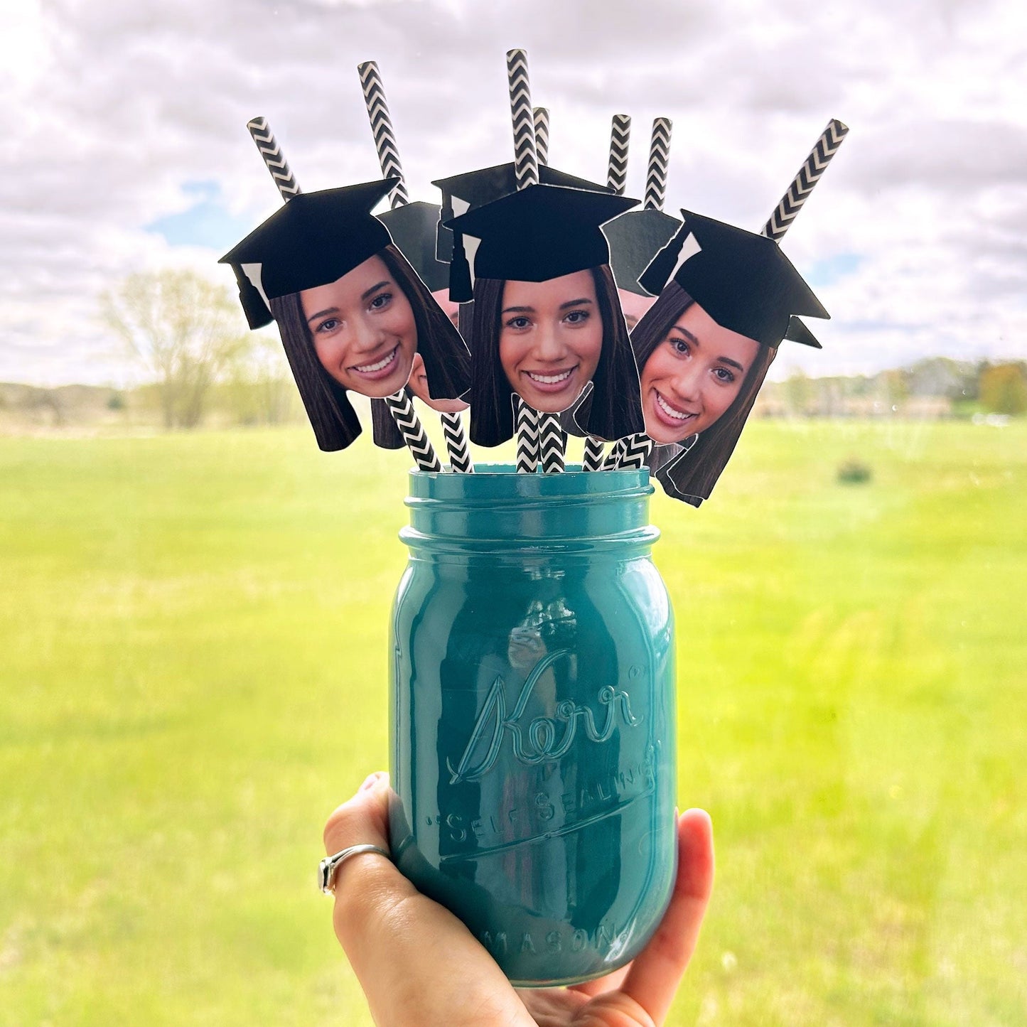 Grad Cap Fun Face Cutout Paper Straw Decor - Custom Graduation Photo Head Cut Out Striped Decorative Straws - Upload 1 Photo - Set of 24