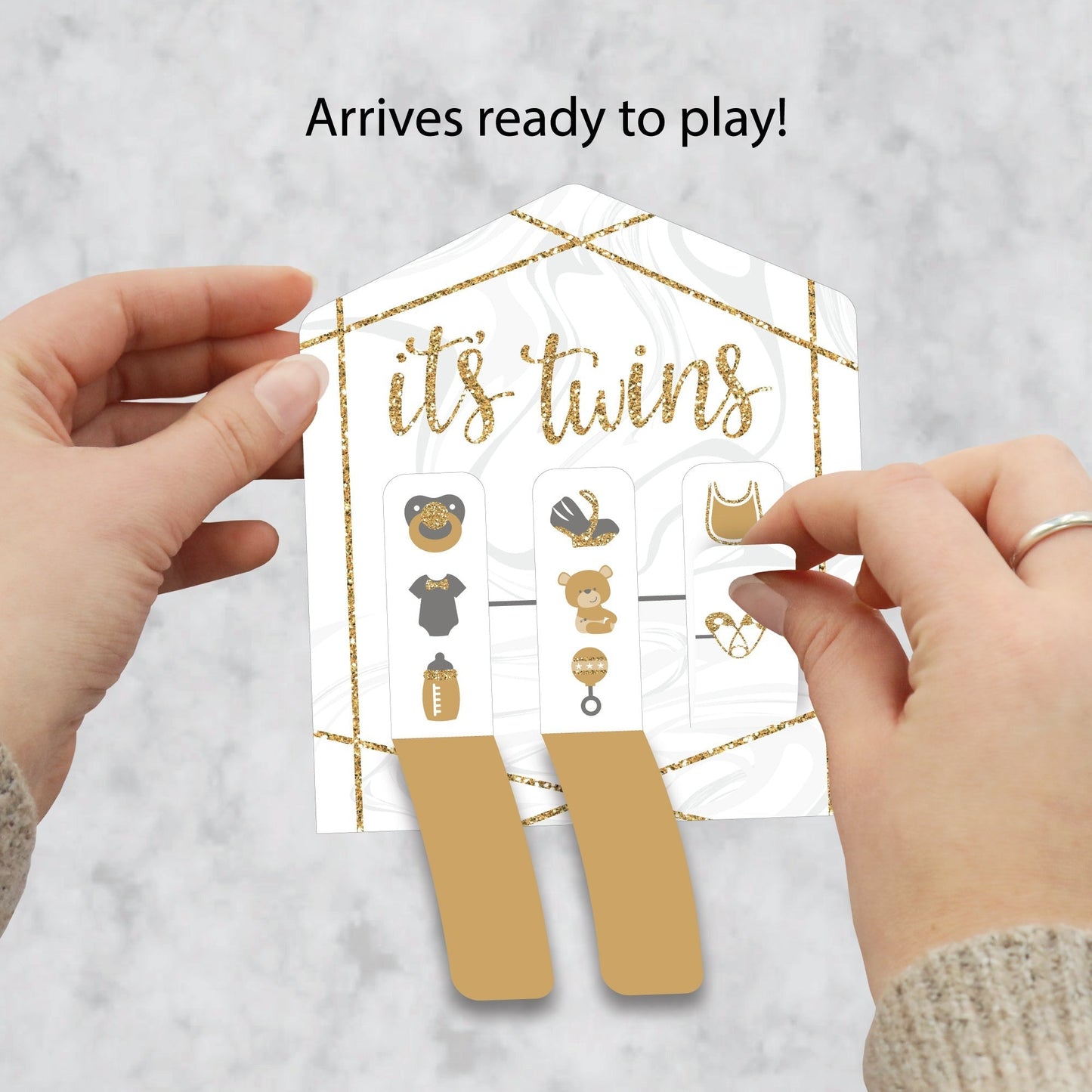 It's Twins - Gold Twins Baby Shower Game Pickle Cards - Pull Tabs 3-in-a-Row - Set of 12