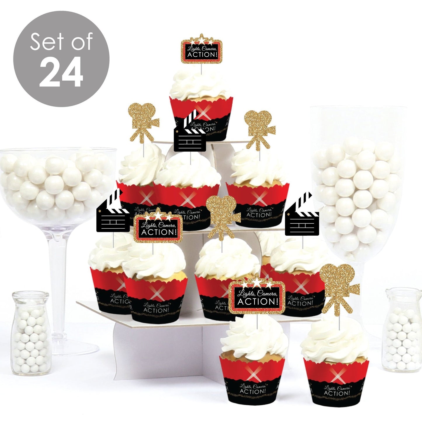 Red Carpet - Cupcake Decoration - Movie Night Party Cupcake Wrappers and Treat Picks Kit - Set of 24