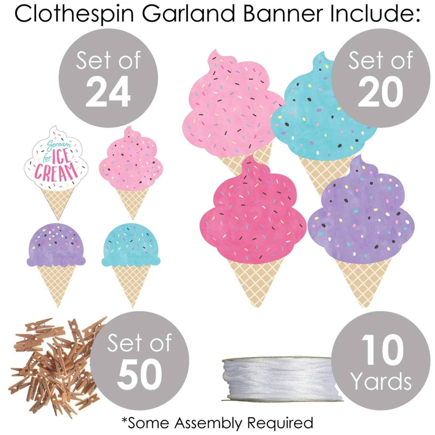 Scoop Up The Fun - Ice Cream - Sprinkles Party DIY Decorations - Clothespin Garland Banner - 44 Pieces