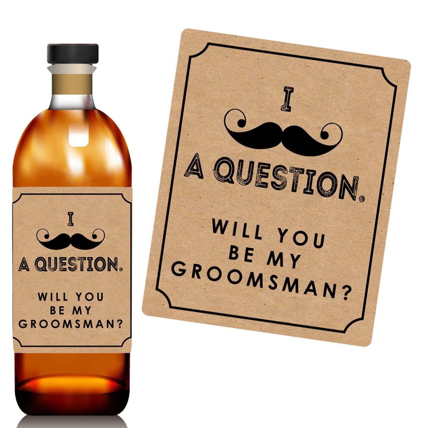Kraft Mustache - Will You Be My Groomsman? - Gift for Men - Whiskey or Wine Bottle Label Stickers - Set of 4