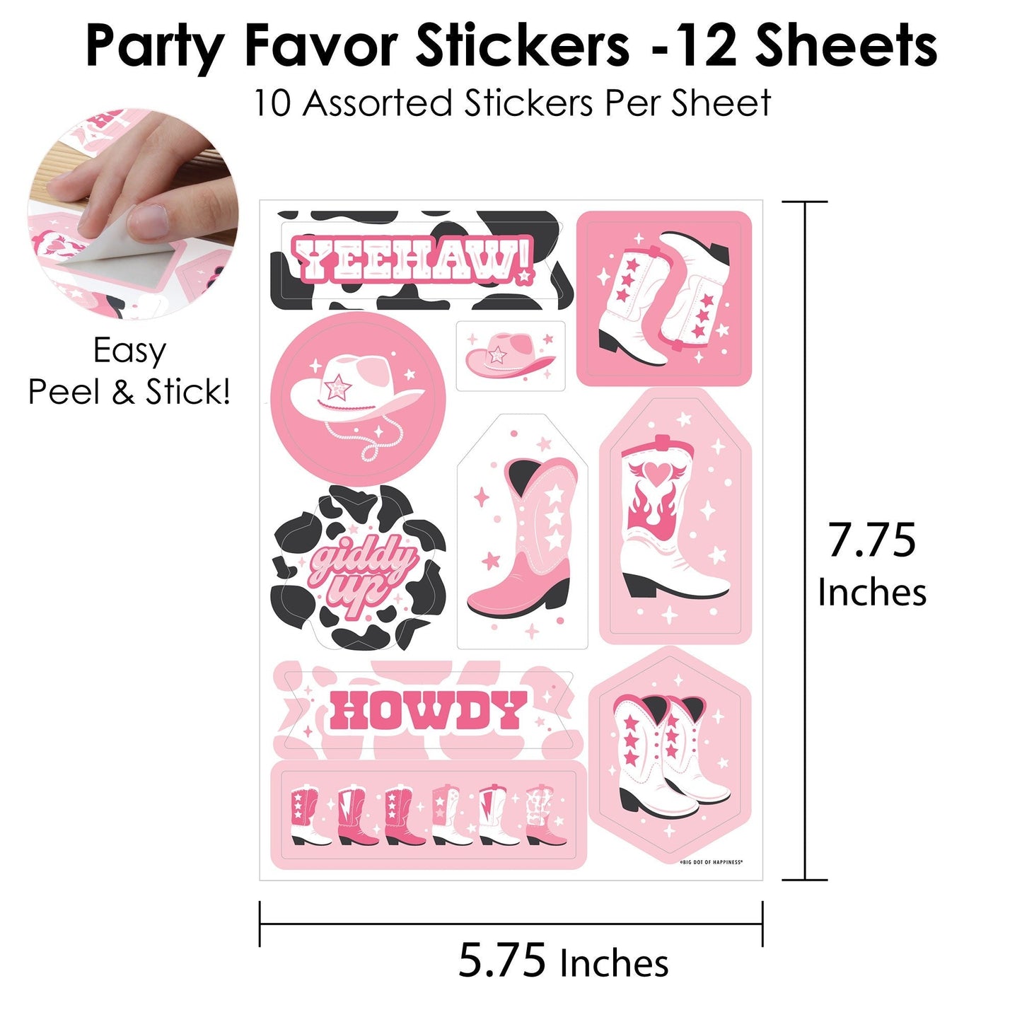 Rodeo Cowgirl - Pink Western Party Favor Sticker Set - 12 Sheets - 120 Stickers
