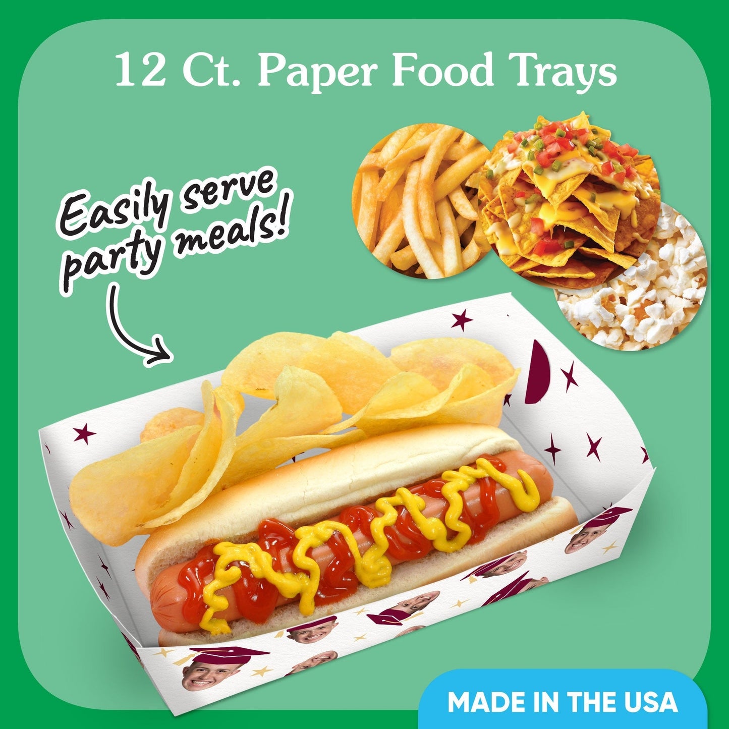 Custom Face Maroon Graduation Paper Food Trays - 12 Ct