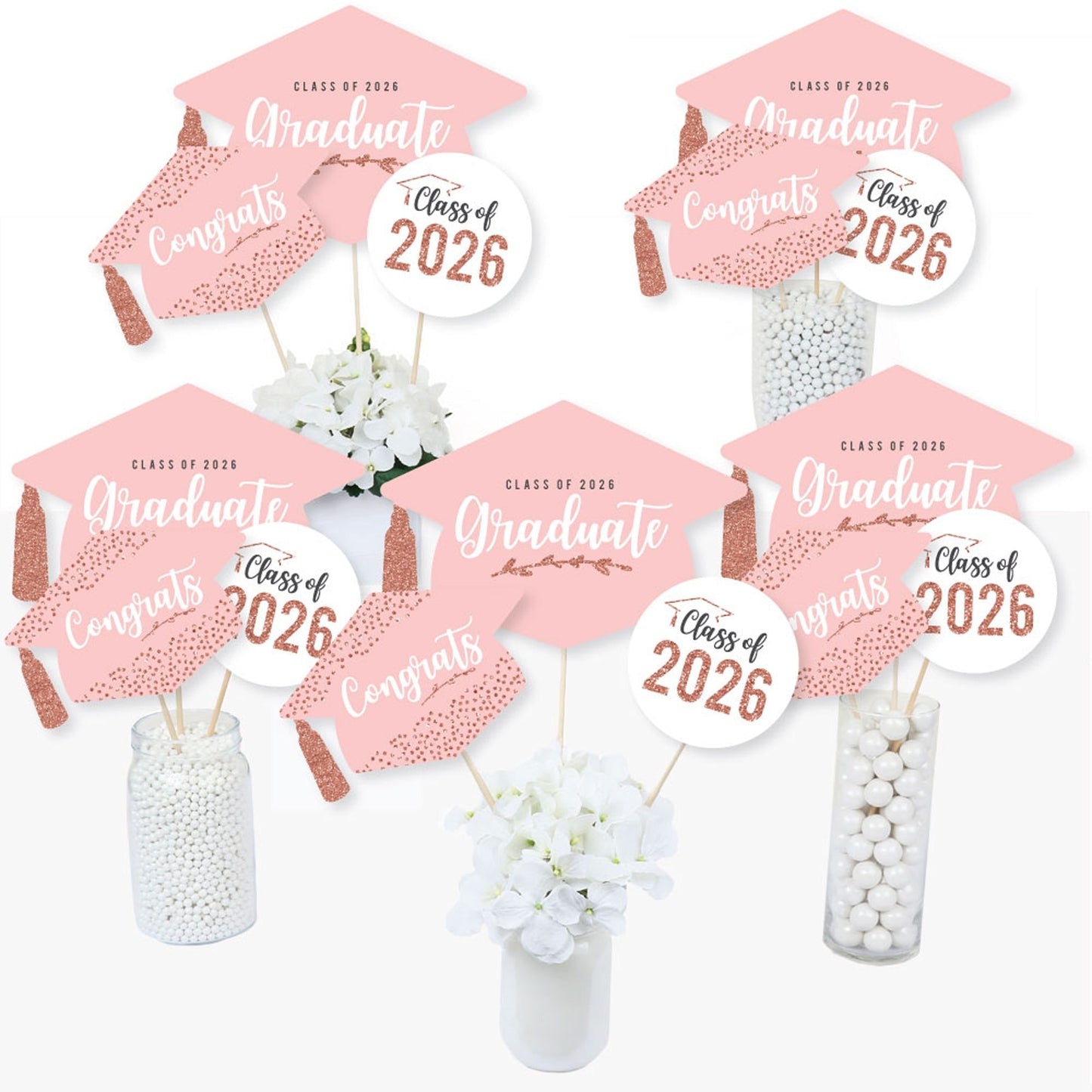 Rose Gold Grad - 2026 Graduation Party Centerpiece Sticks - Table Toppers - Set of 15