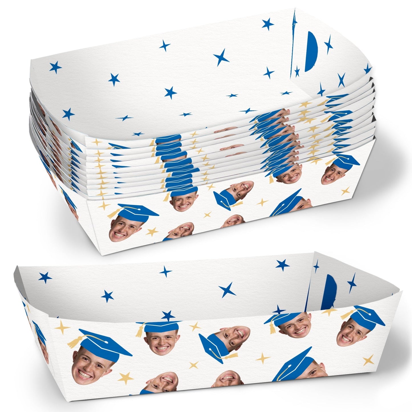 Custom Face Blue Graduation Paper Food Trays - 12 Ct