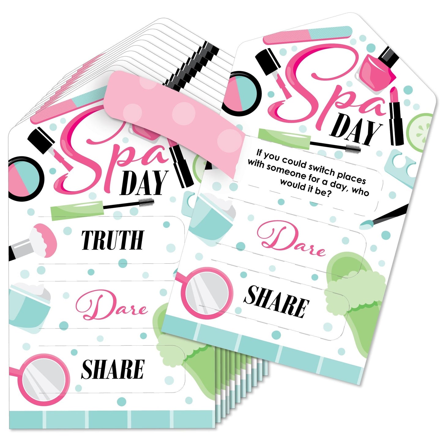 Spa Day - Girls Makeup Party Game Pickle Cards - Truth, Dare, Share Pull Tabs - Set of 12