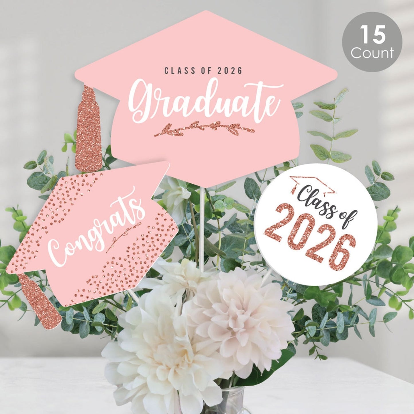Rose Gold Grad - 2026 Graduation Party Centerpiece Sticks - Table Toppers - Set of 15