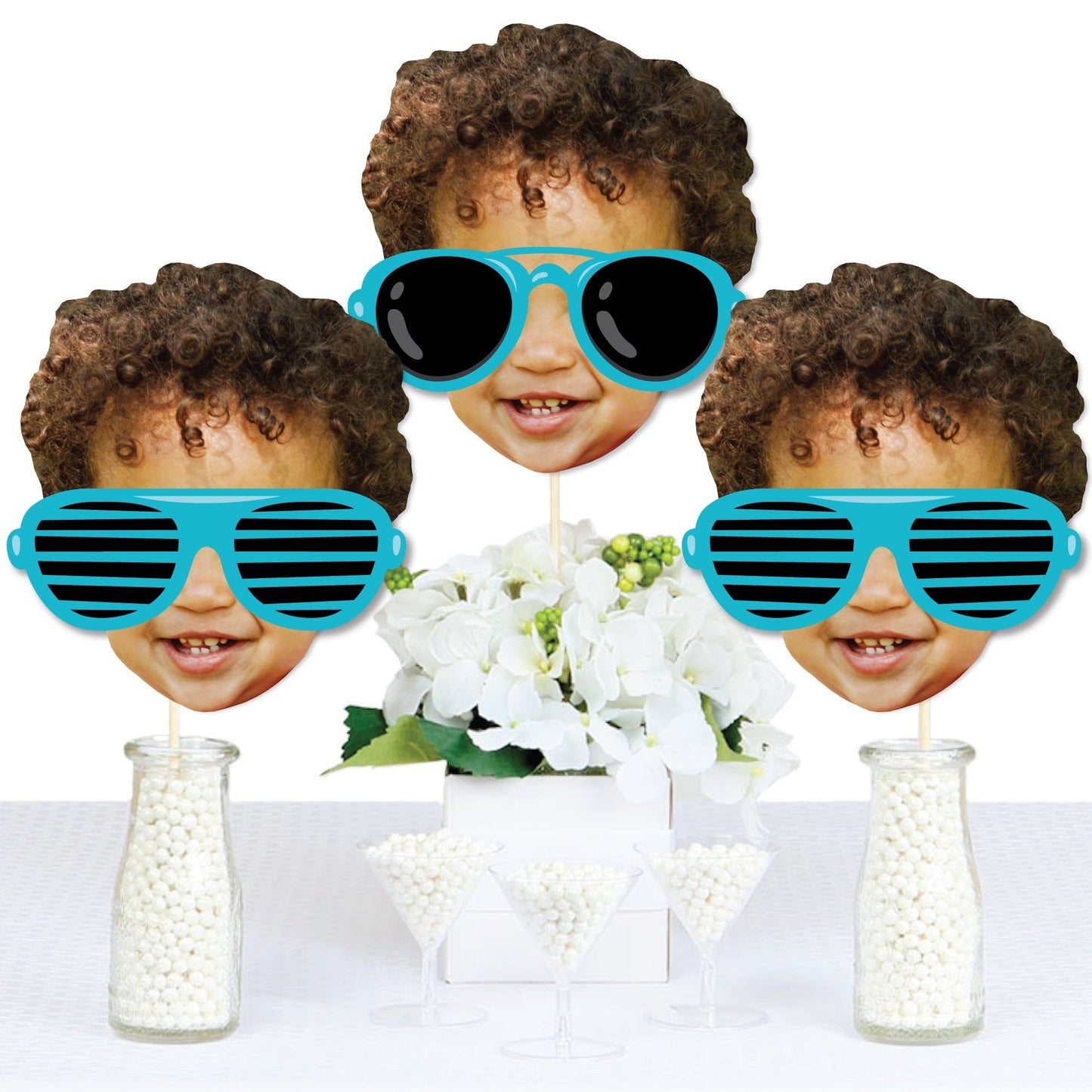Custom Photo Two Cool - Boy - Fun Face Decorations DIY Blue 2nd Birthday Party Essentials - Set of 20