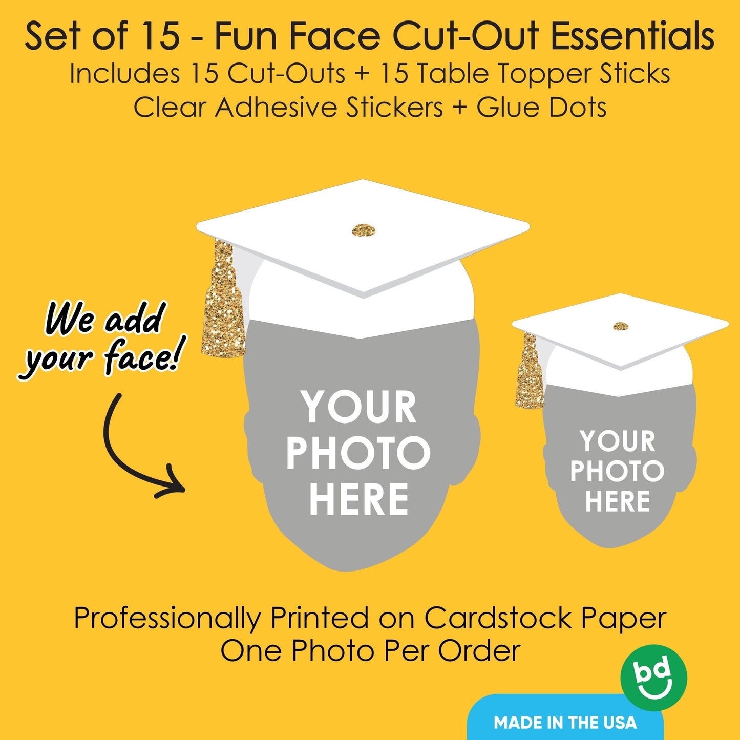 Custom Fun Face White & Gold Grad Cap Table Toppers - 15 Ct