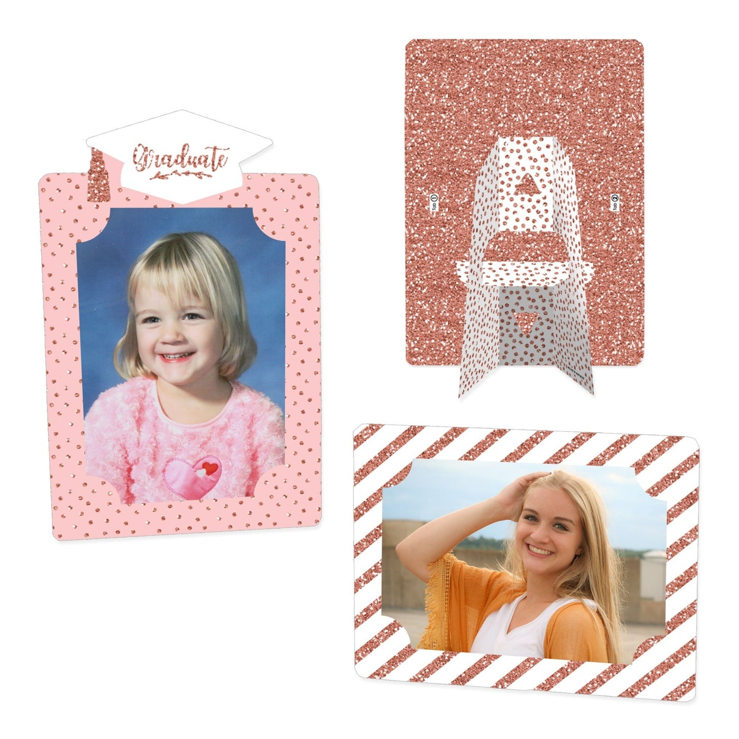 Rose Gold Grad - Graduation Party 4x6 Picture Display - Paper Photo Frames - Set of 12