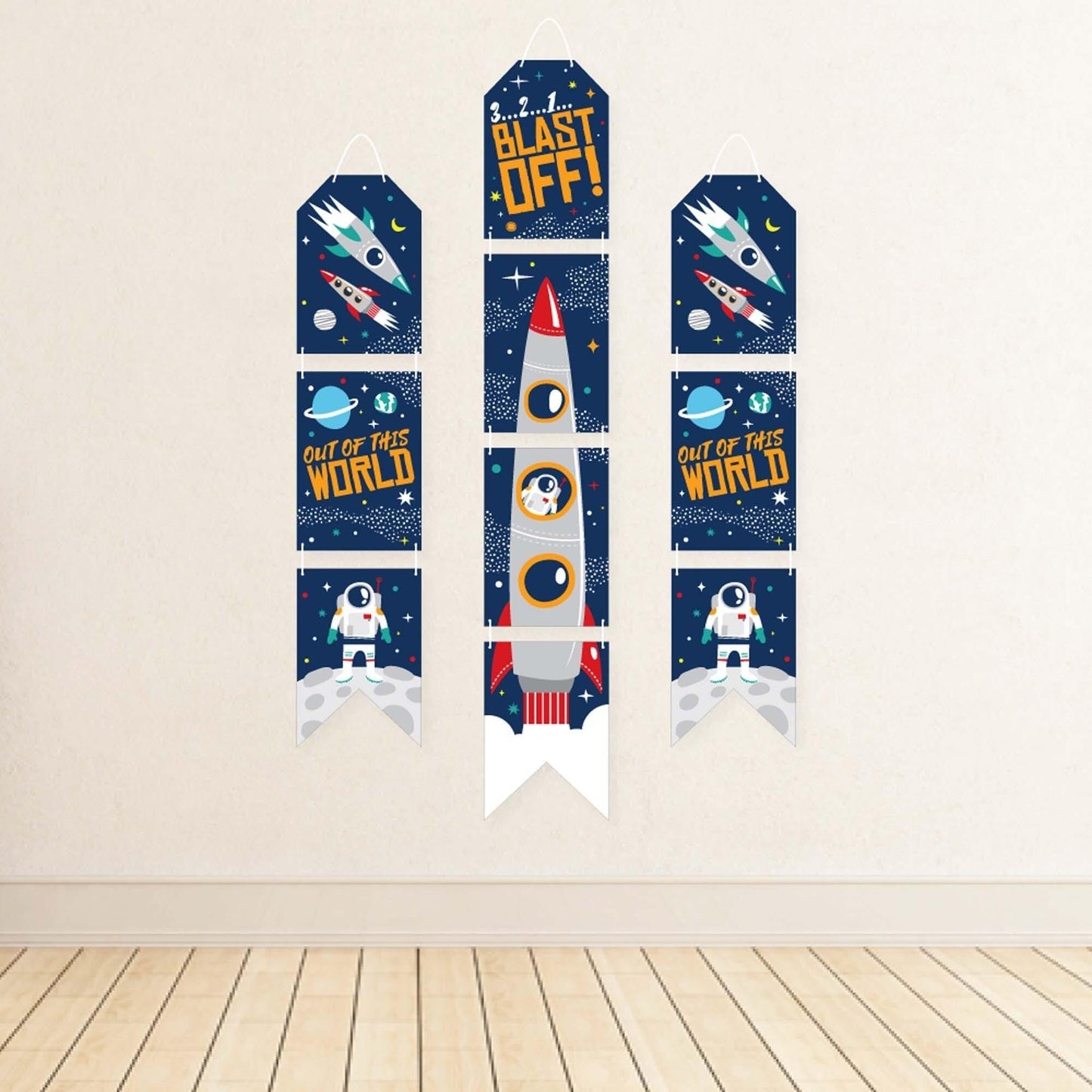 Blast Off to Outer Space - Hanging Vertical Paper Door Banners - Rocket Ship Baby Shower or Birthday Party Wall Decoration Kit - Indoor Door Decor