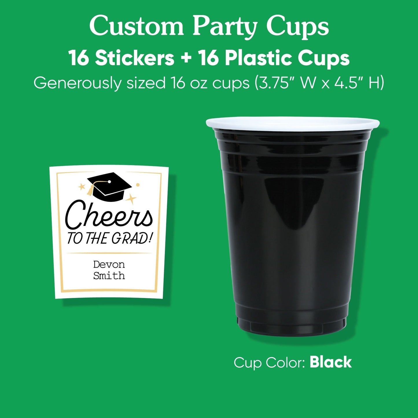 Custom Text Party Cups - Black and Gold Graduation - 16 Ct