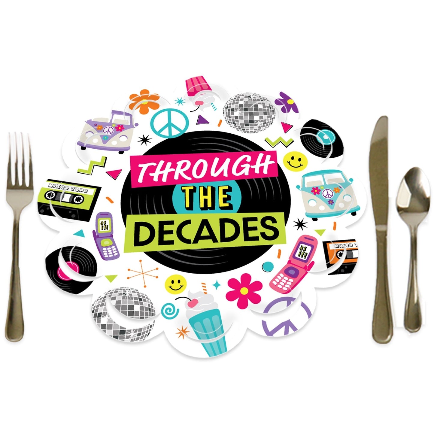 Through the Decades - 50s, 60s, 70s, 80s, and 90s Party Round Table Decorations - Paper Chargers - Place Setting For 12