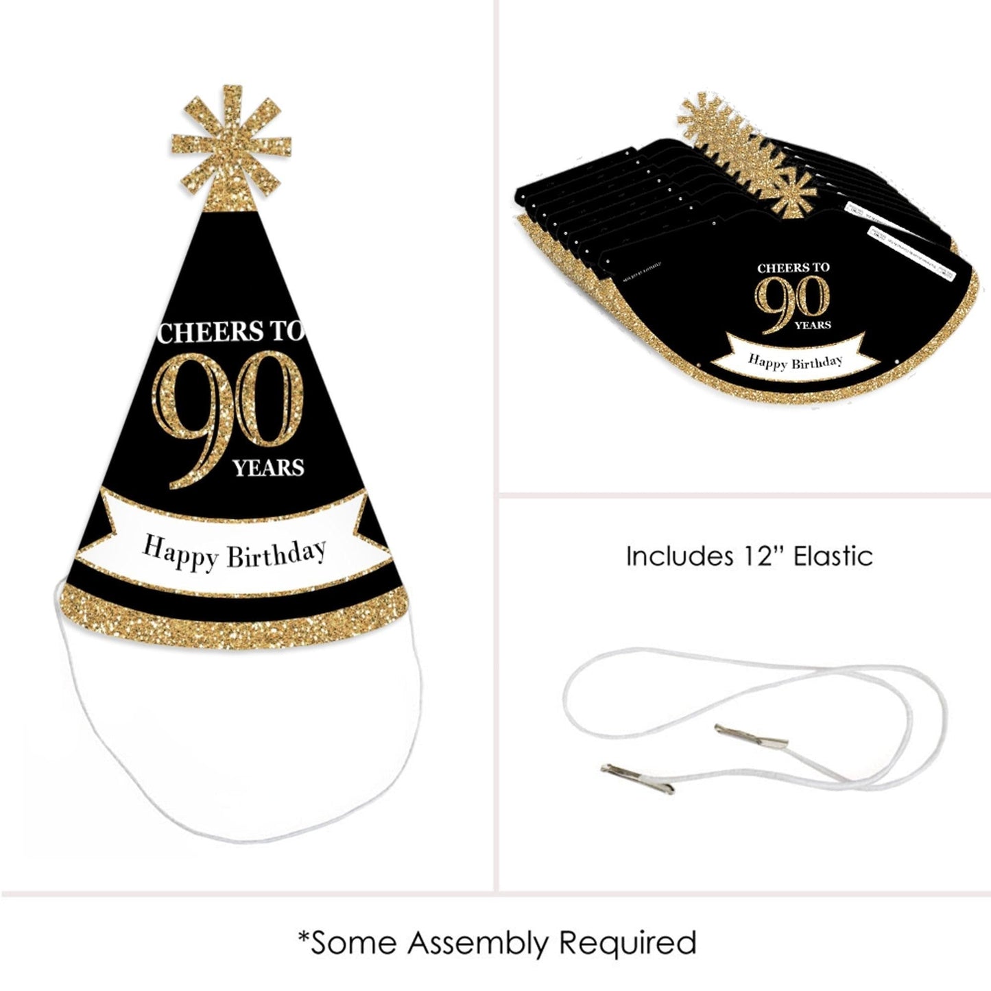 Adult 90th Birthday - Gold - Cone Birthday Party Hats for Adults - Set of 8 (Standard Size)