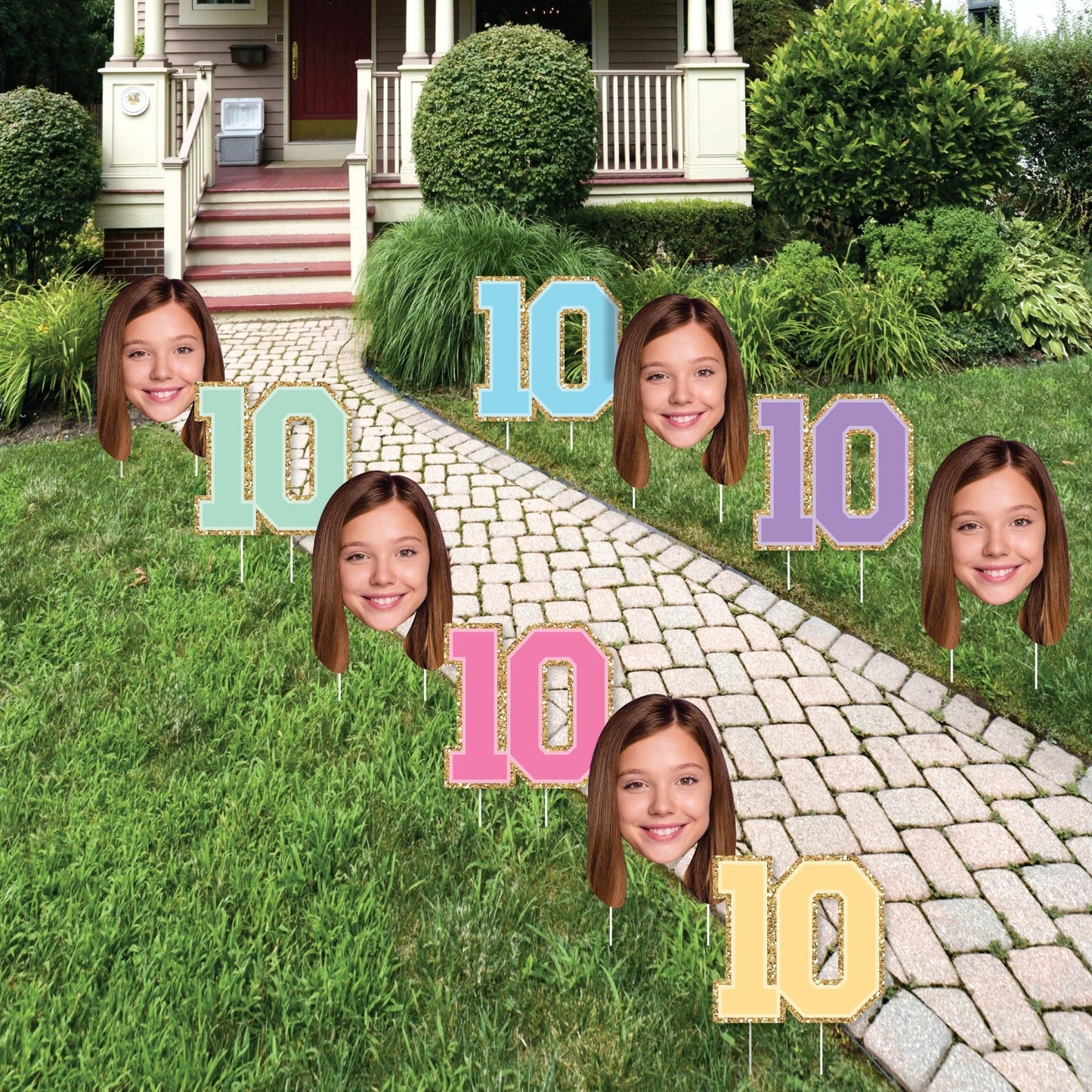 Custom Face Yard Signs - Preppy 10th Birthday Girl - 10 Pc
