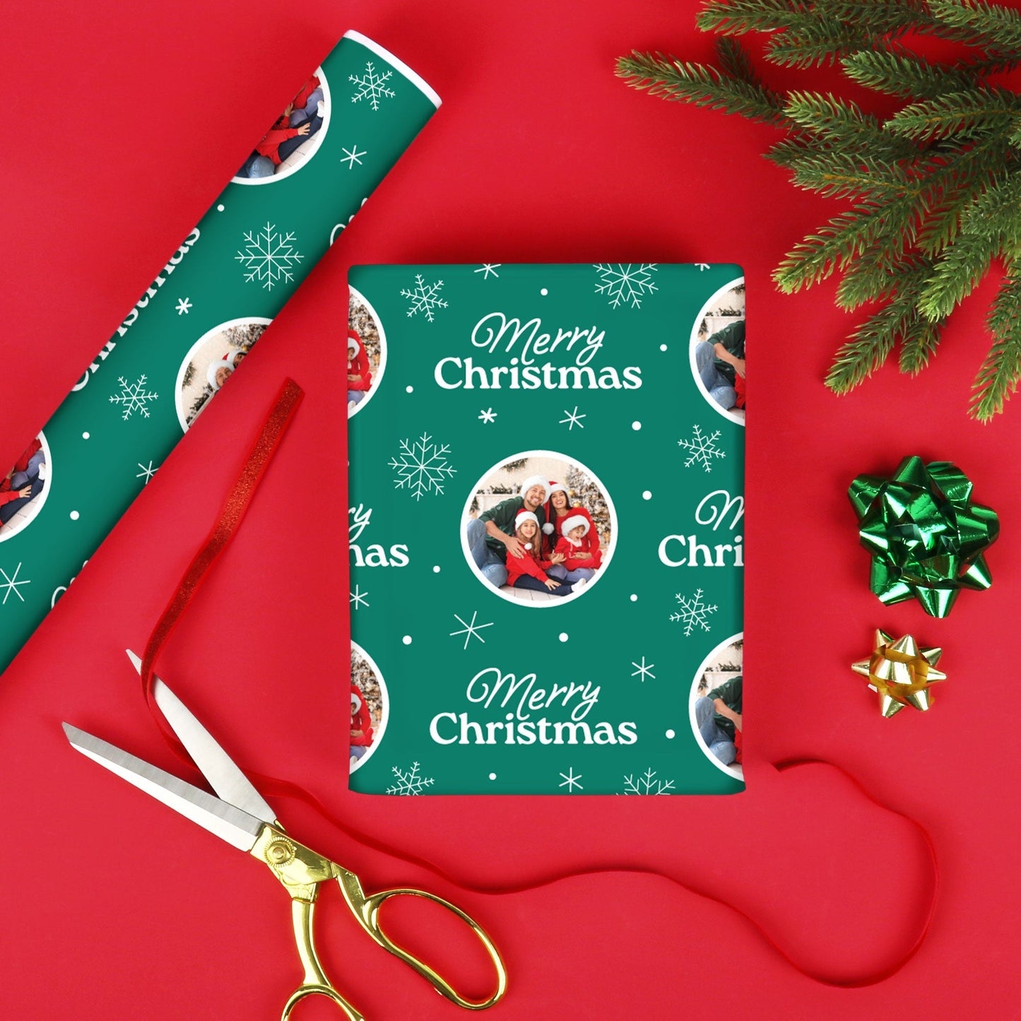 Custom Photo Wrapping Paper - Merry Christmas Green