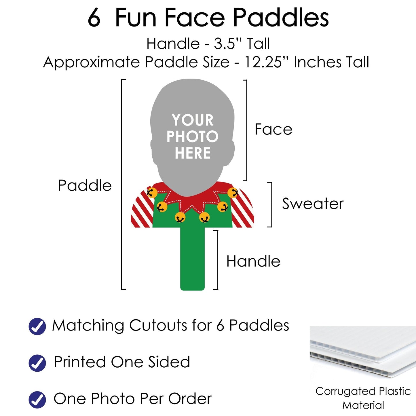 Custom Photo Ugly Sweater - Holiday and Christmas Party Head Cut Out Photo Booth and Fan Props - Fun Face Cutout Paddles - Set of 6