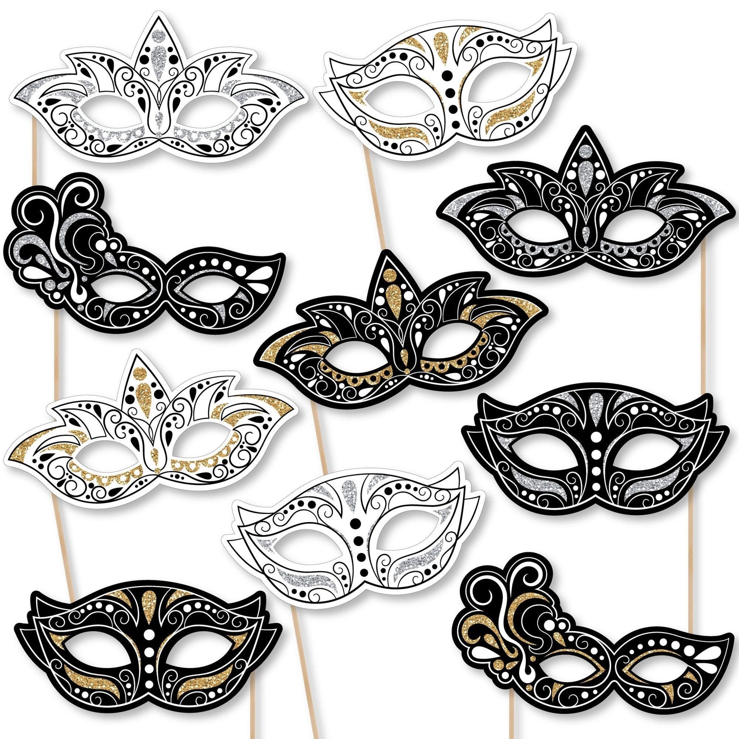 Masquerade Masks - Paper Card Stock Venetian Mask Party Photo Booth Props Kit - 10 Count