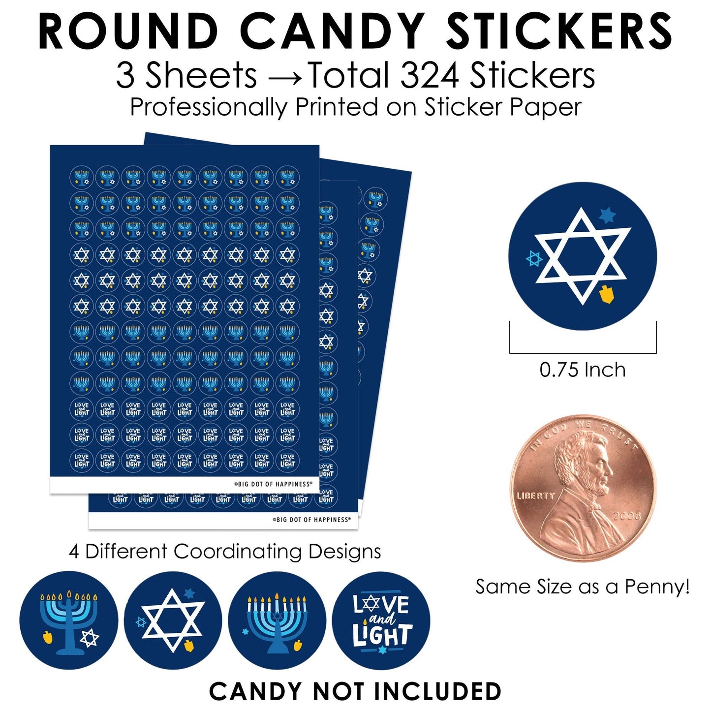 Hanukkah Menorah - Chanukah Holiday Party Small Round Candy Stickers - Party Favor Labels - 324 Count
