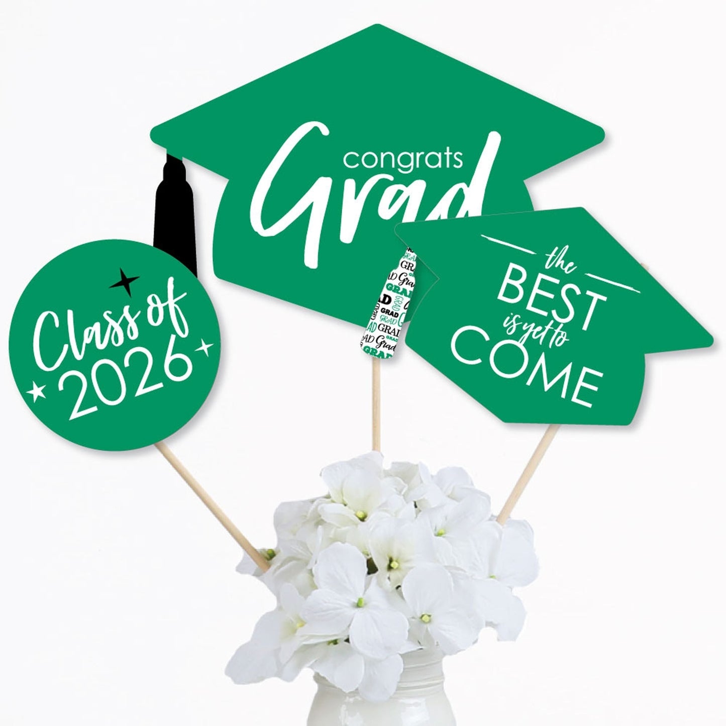 Green Grad - Best is Yet to Come - 2026 Green Graduation Party Centerpiece Sticks - Table Toppers - Set of 15