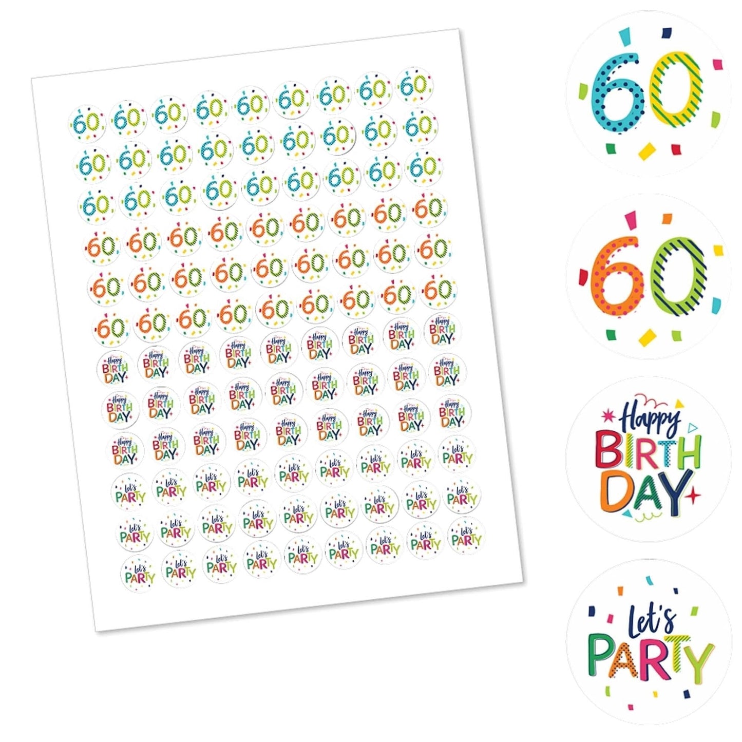 60th Birthday - Cheerful Happy Birthday - Round Candy Labels Colorful Sixtieth Birthday Party Favors - Fits Hershey's Kisses - 108 ct