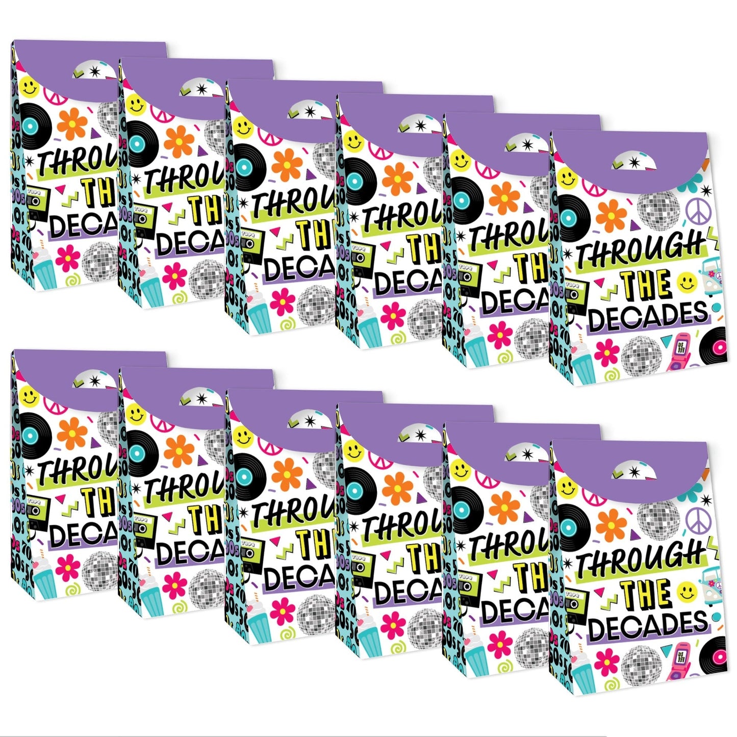 Through the Decades - 50s, 60s, 70s, 80s, and 90s Gift Favor Bags - Party Goodie Boxes - Set of 12