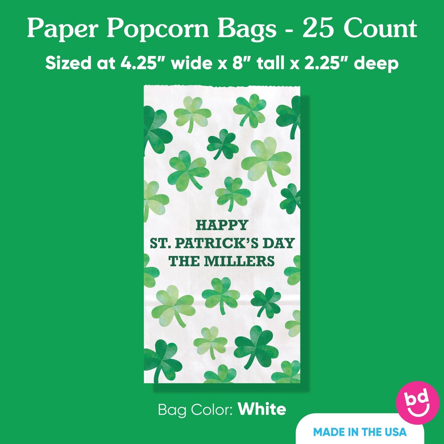 Custom Text Popcorn Bags - Shamrock St. Patrick’s Day - 25 Ct