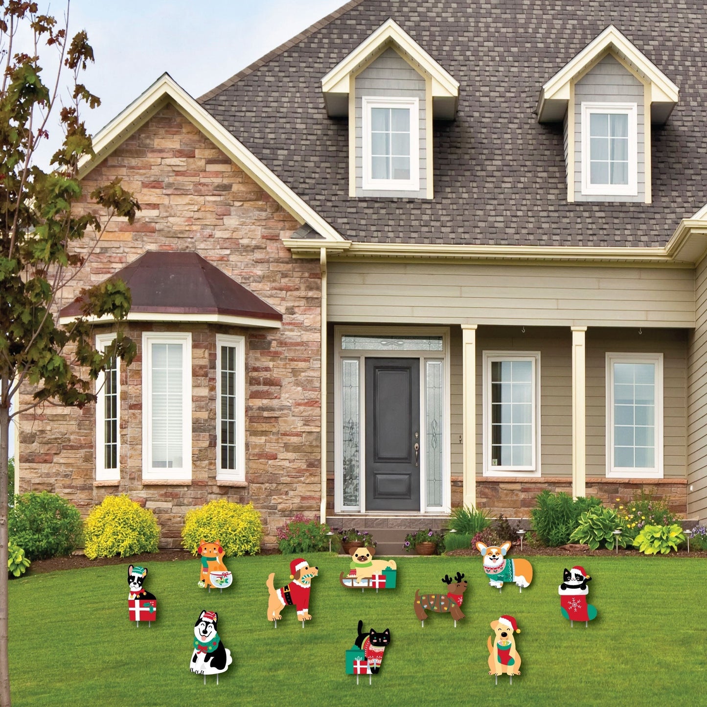 Christmas Pets - Lawn Decorations - Outdoor Cats and Dogs Holiday Party Yard Decorations - 10 Piece