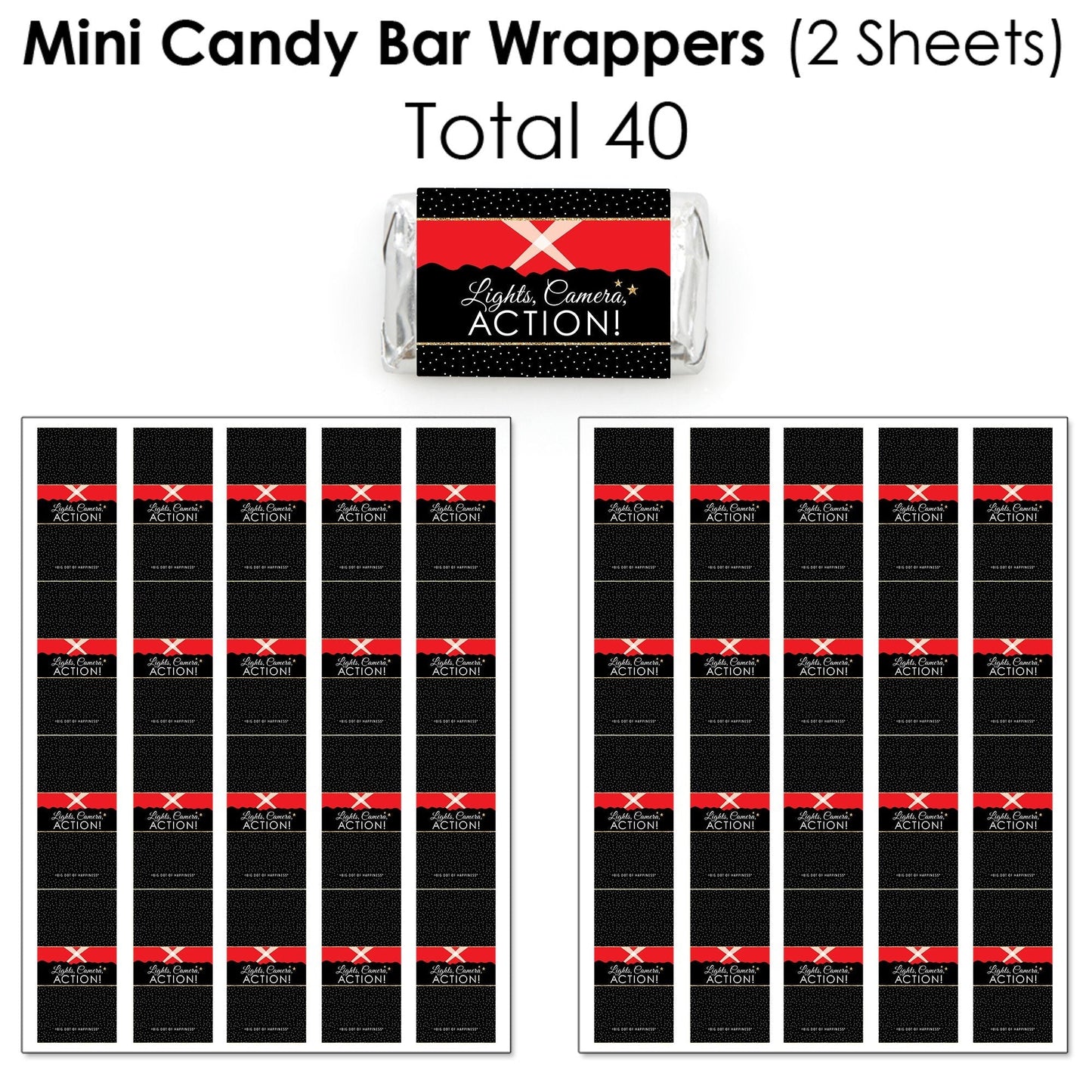Red Carpet - Mini Candy Bar Wrappers, Round Candy Stickers and Circle Stickers - Movie Night Party Candy Favor Sticker Kit - 304 Pieces