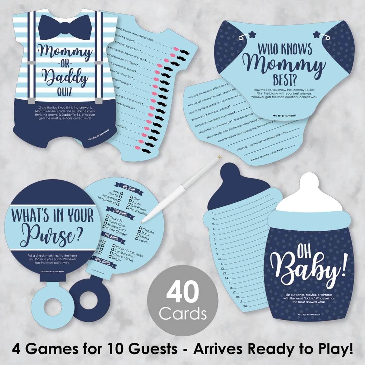 Baby Boy - 4 Blue Baby Shower Games - 10 Cards Each - Who Knows Mommy Best, Mommy or Daddy Quiz, What's in Your Purse and Oh Baby - Gamerific Bundle