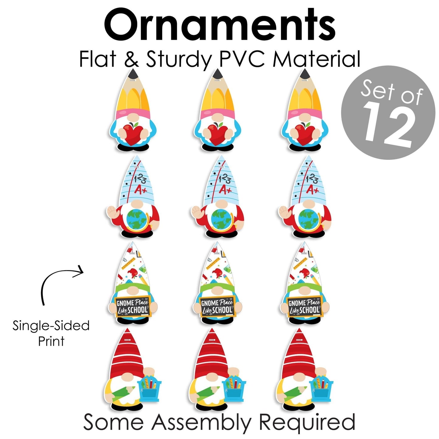 School Gnomes - Teacher and Classroom Decorations - Tree Ornaments - Set of 12