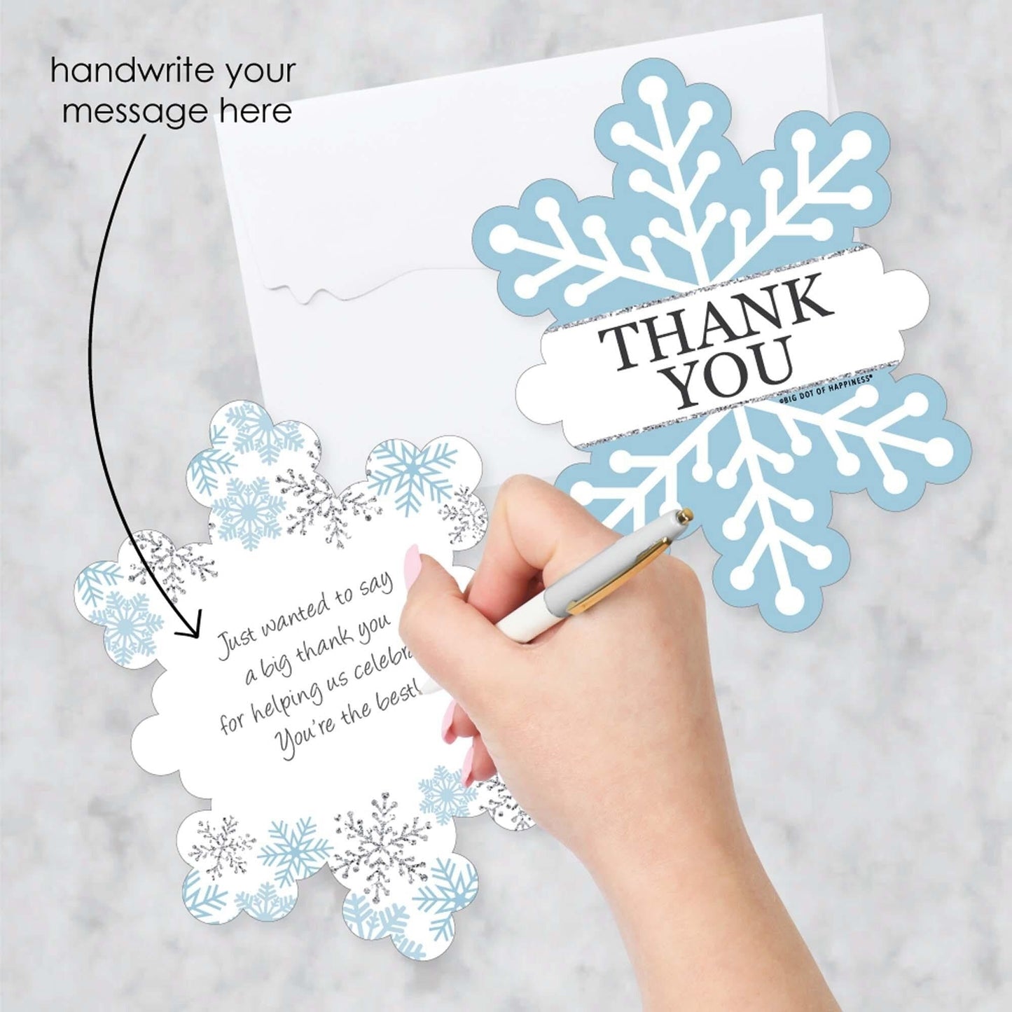 Winter Wonderland - Shaped Thank You Cards - Snowflake Holiday Birthday Party and Baby Shower Thank You Note Cards with Envelopes - Set of 12