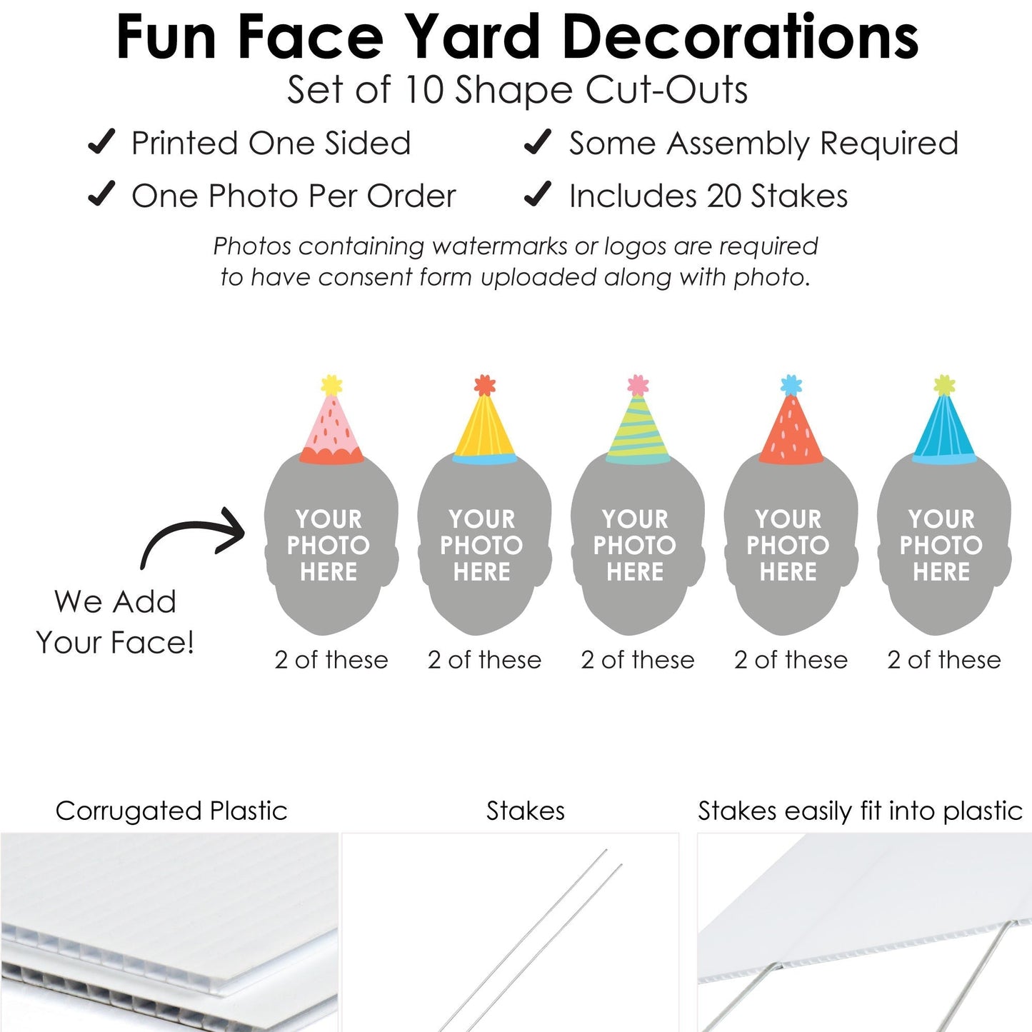 Custom Face Yard Signs - Party Time Colorful Birthday - 10 Pc