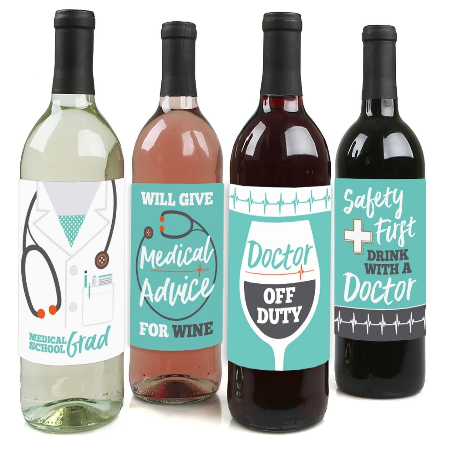 Medical School Grad - Doctor Graduation Decorations for Women and Men - Wine Bottle Label Stickers - Set of 4