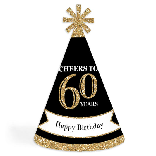 Adult 60th Birthday - Gold - Cone Birthday Party Hats for Adults - Set of 8 (Standard Size)