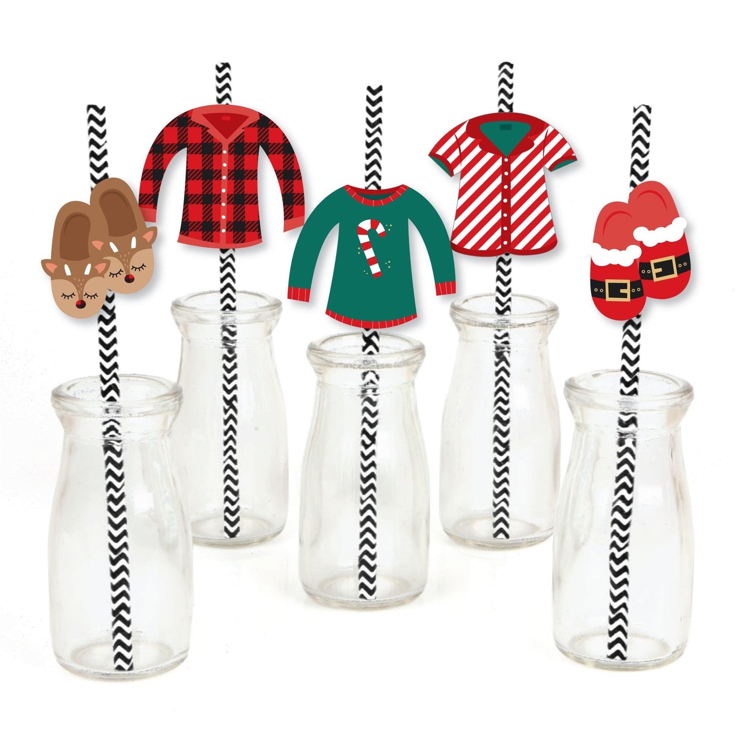 Christmas Pajamas - Paper Straw Decor - Holiday Plaid PJ Party Striped Decorative Straws - Set of 24