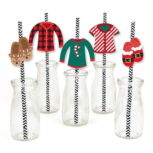 Christmas Pajamas - Paper Straw Decor - Holiday Plaid PJ Party Striped Decorative Straws - Set of 24