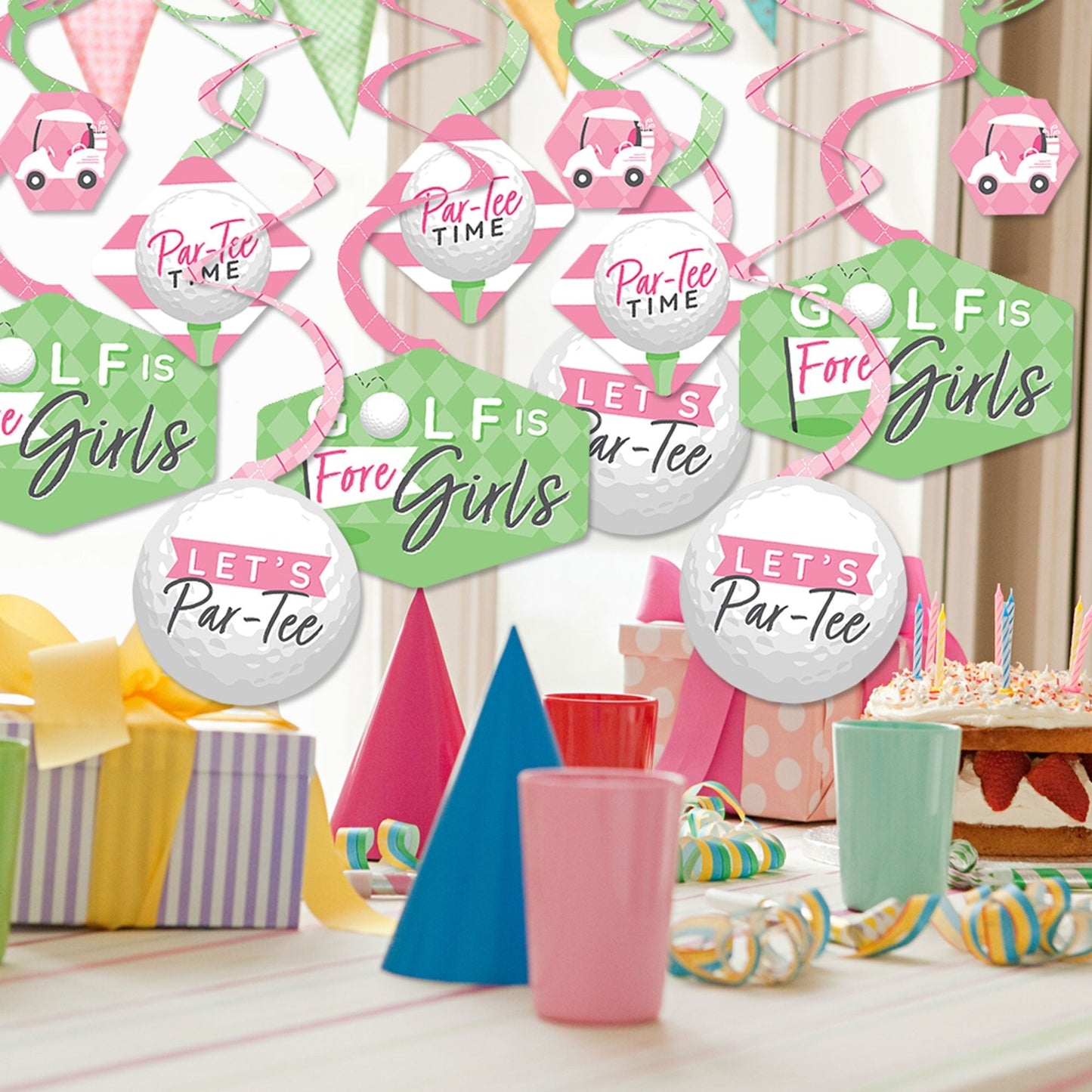 Golf Girl - Pink Birthday Party or Baby Shower Hanging Decor - Party Decoration Swirls - Set of 40