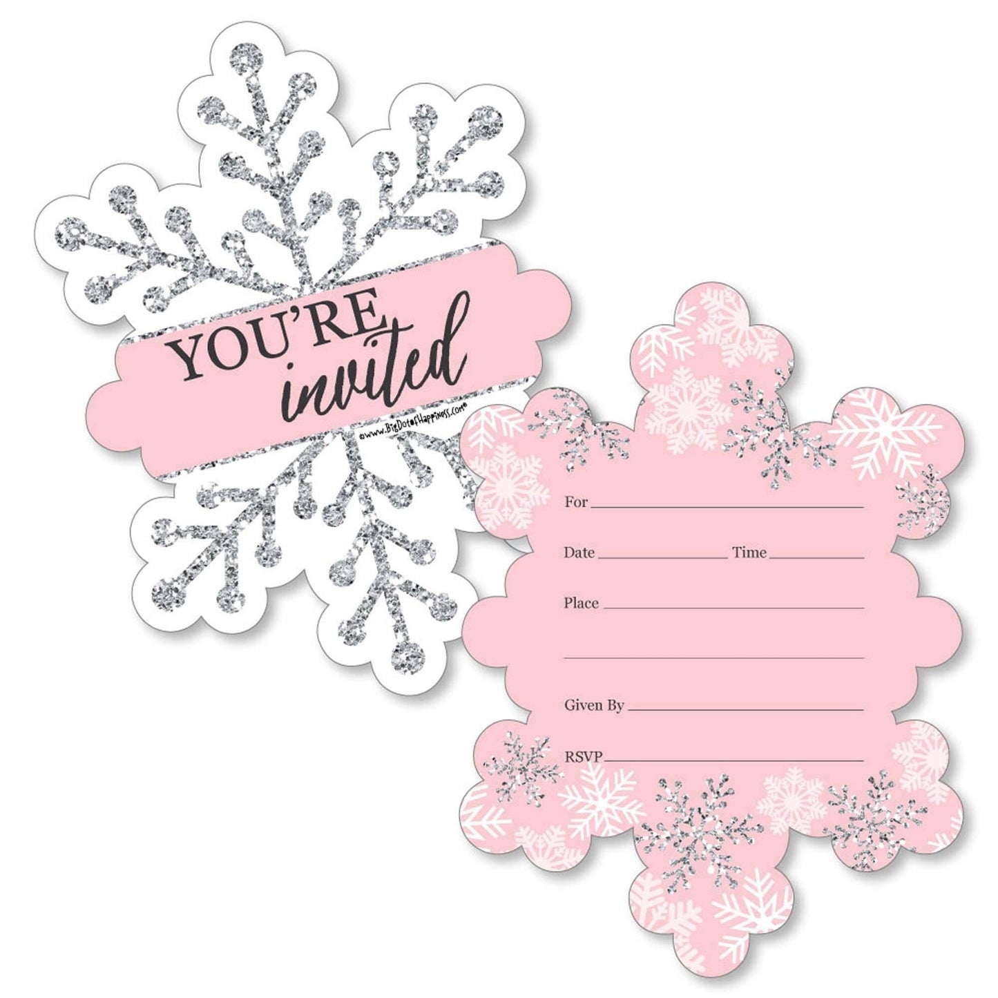 Pink Winter Wonderland - Shaped Fill-In Invitations - Holiday Snowflake Birthday Party and Baby Shower Invitation Cards with Envelopes - Set of 12