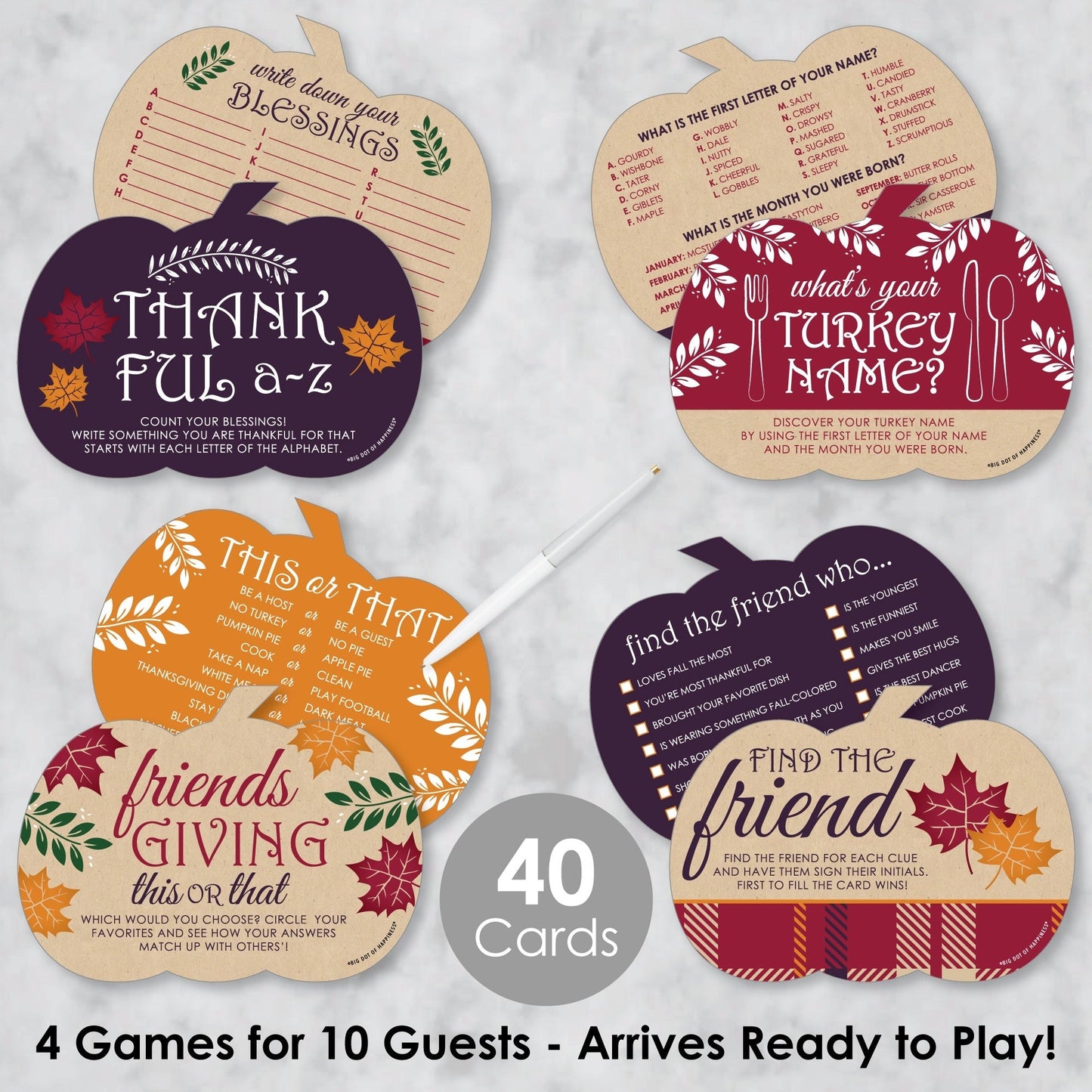 Friends Thanksgiving Feast - 4 Friendsgiving Party Games - 10 Cards Each - Gamerific Bundle